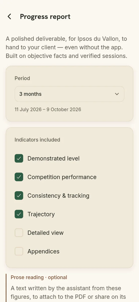 Ipsos du Vallon’s progress report: the period and the indicators to present, before generating the PDF.