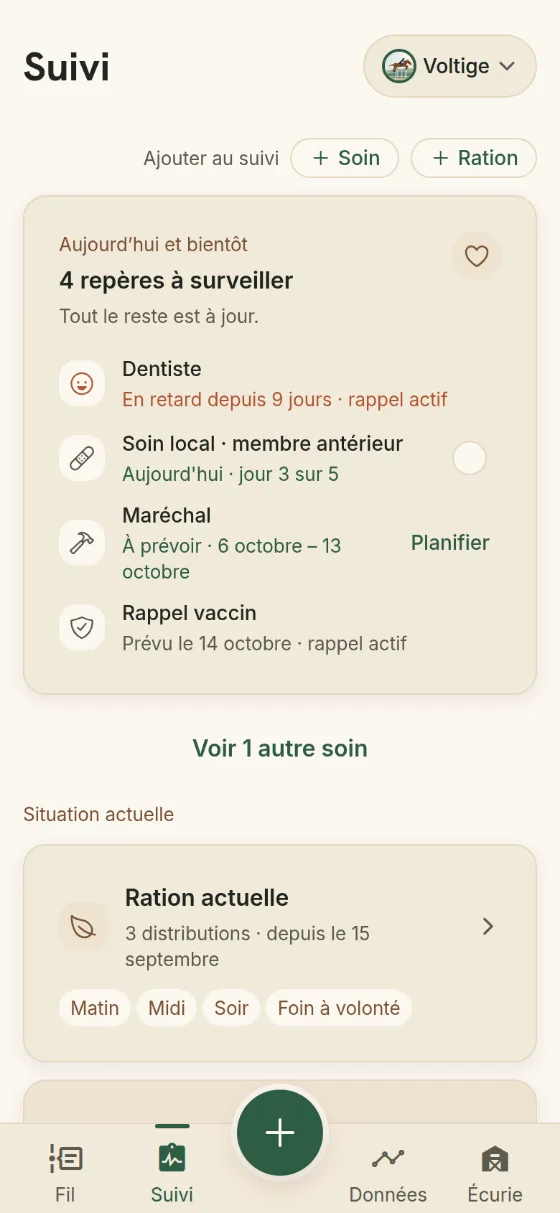 Le suivi quotidien d’un cheval : les soins à surveiller, la ration en cours et les cycles de soins.